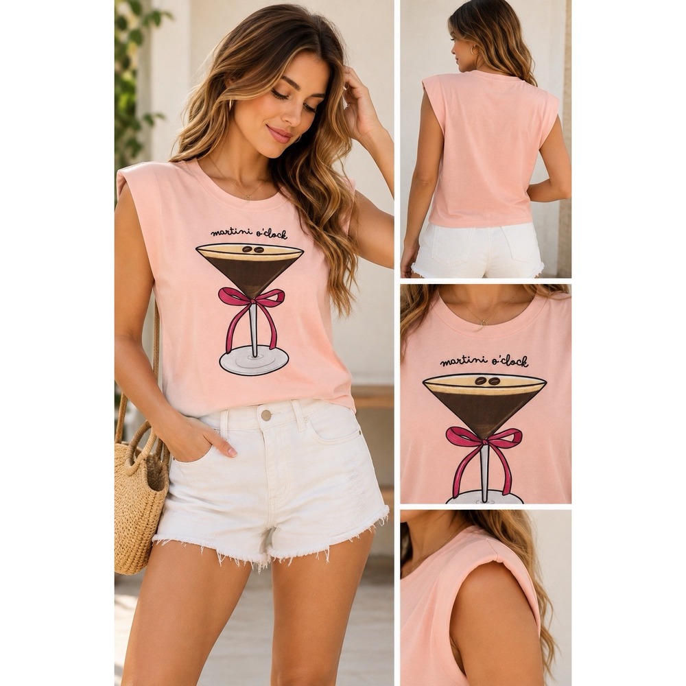 Alma Coral Martini O'Clock Graphic Tee, Women's Small, Shoulder Pads(7-b74)